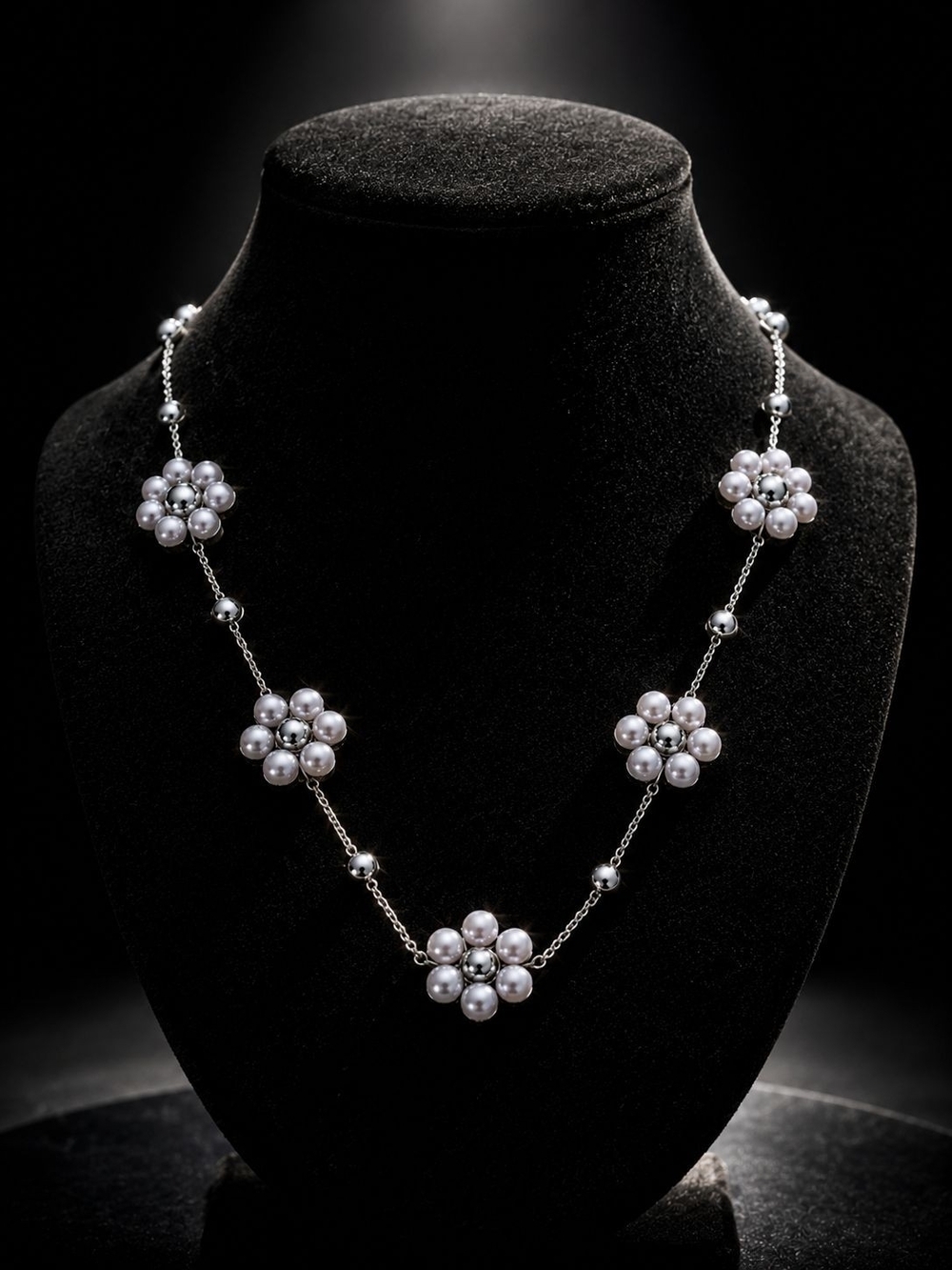 Silver and White Pearl Flower Station Necklace - Picture 2 of 5